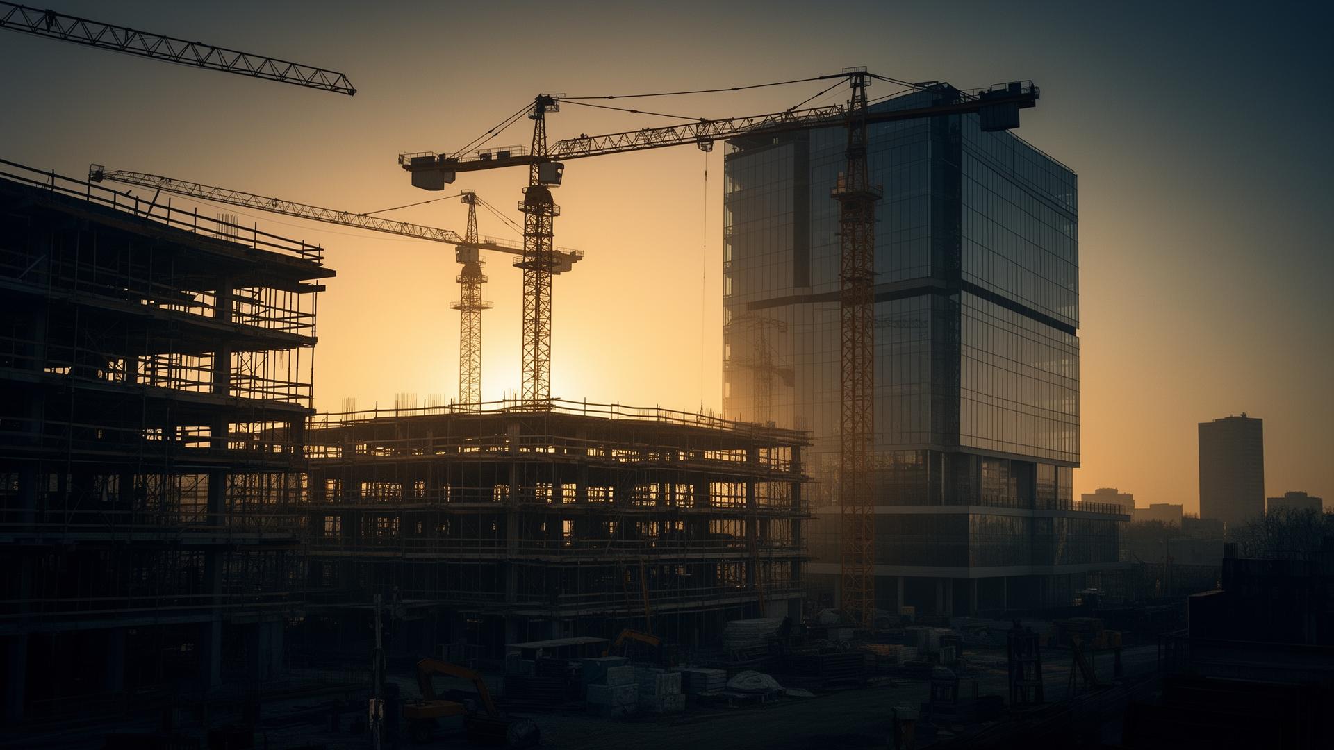 Moderno gradilište s toranjskim dizalicama u zoru